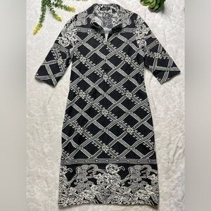 Moss & Spy Stretch Jacquard Embroidered 3/4 Sleeve Midi Dress in Black White 12